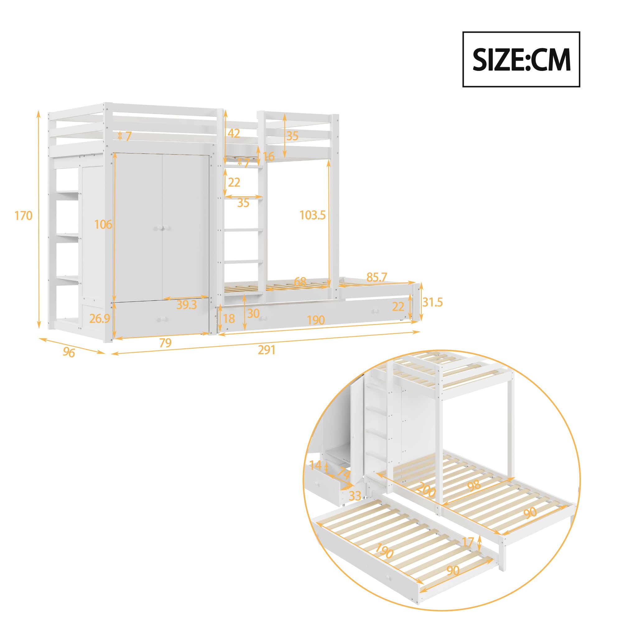 Letto a Castello 90x200 con Guardaroba Cassetti e Vano Aperto Letto Estraibile in Pino Compensato e MDF con Piano Aggiuntivo Lettino Singolo senza Materassi per Camera Bianco