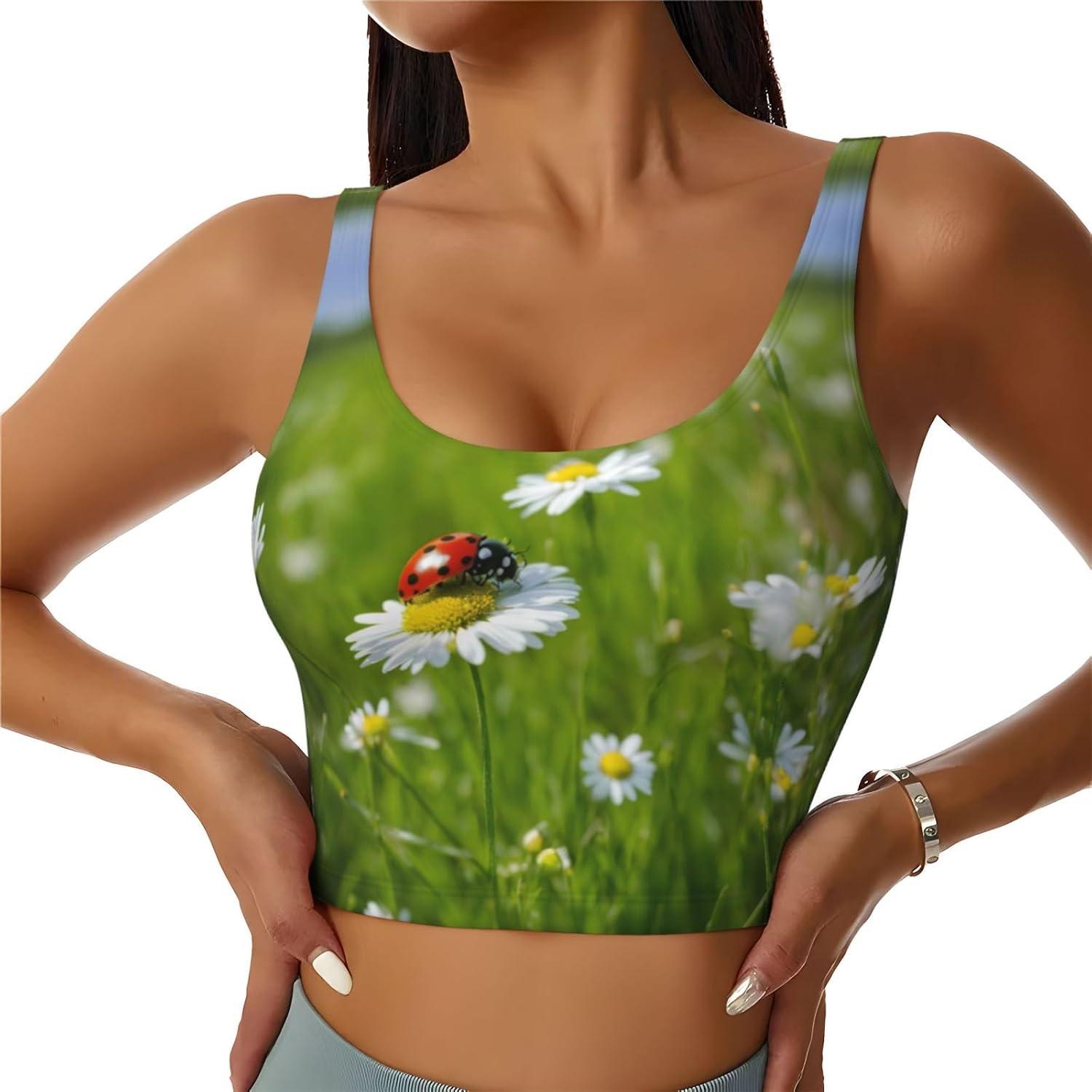 Ladybug Daisy Print High Impact Sports Bras,Longline Sports Bra,Perfect for Yoga,Running and Gym Workouts