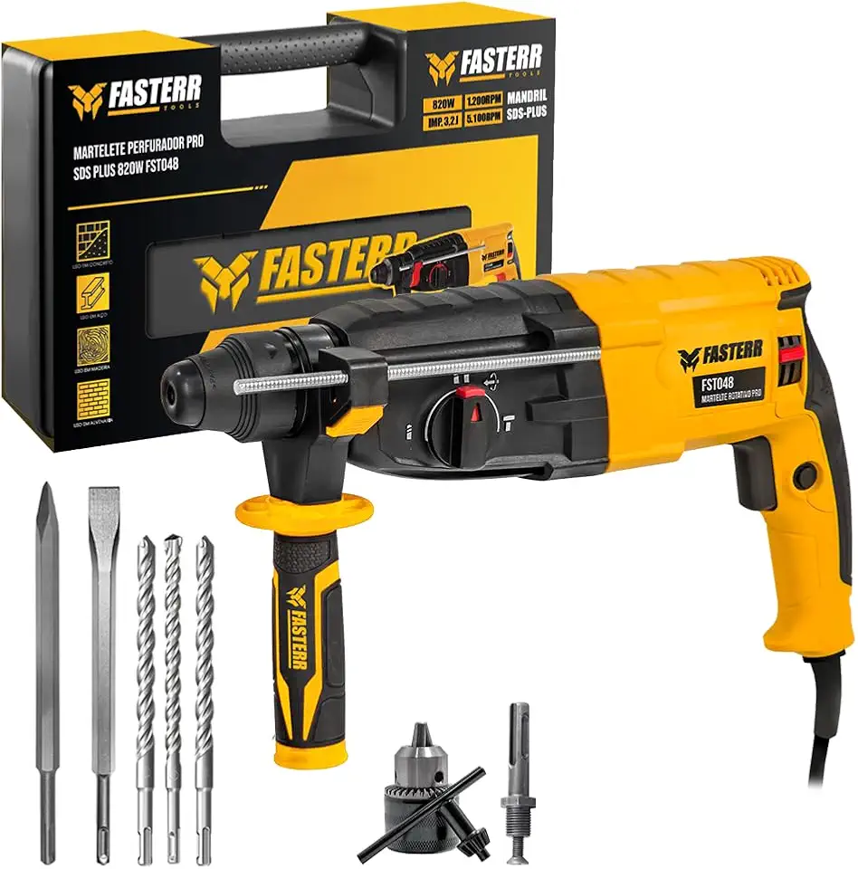 Martelete Rotativo 820W Fasterr FST047 SDS Plus com Maleta 127V – 3 Funções: Perfuração, Impacto e Rompimento | Alta Potência e Precisão Profissional
