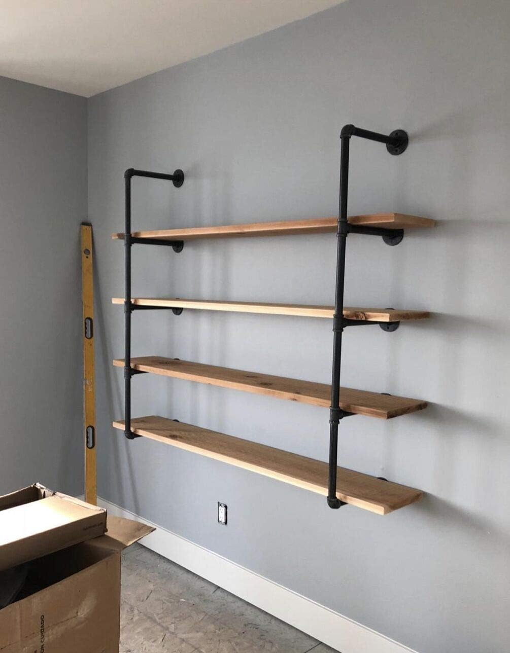 Tianman Industrial Wall Mount Iron Pipe Shelf Shelves Shelving Bracket Vintage Retro Black DIY Open Bookshelf DIY Storage offcie Room Kitchen Shelves (3Pcs,52" Tall,12" deep)