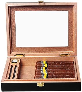 Can Hold 20 Cigars with Humidifier and Hygrometer Cigarette Box Cigar Cabinet Cedar Wood Lining Glass Sunroof Solid Wood Box Large Capacity Men's Gift Box Black ble f Classic Portable Cigar