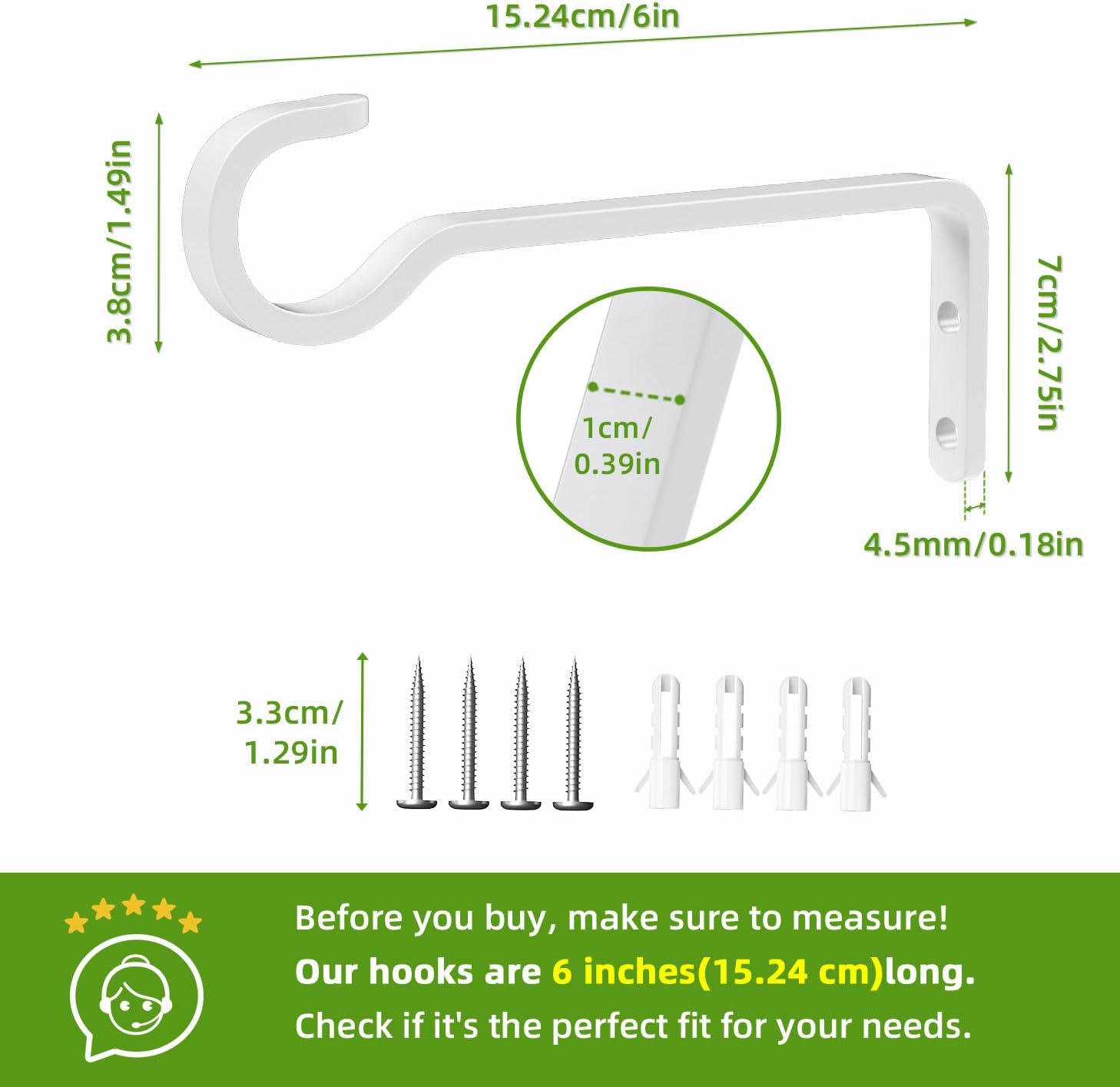 6 Inch Plant Hooks for Wall,Plant Hangers Outdoor/Indoor, White, 2 Pack image 4