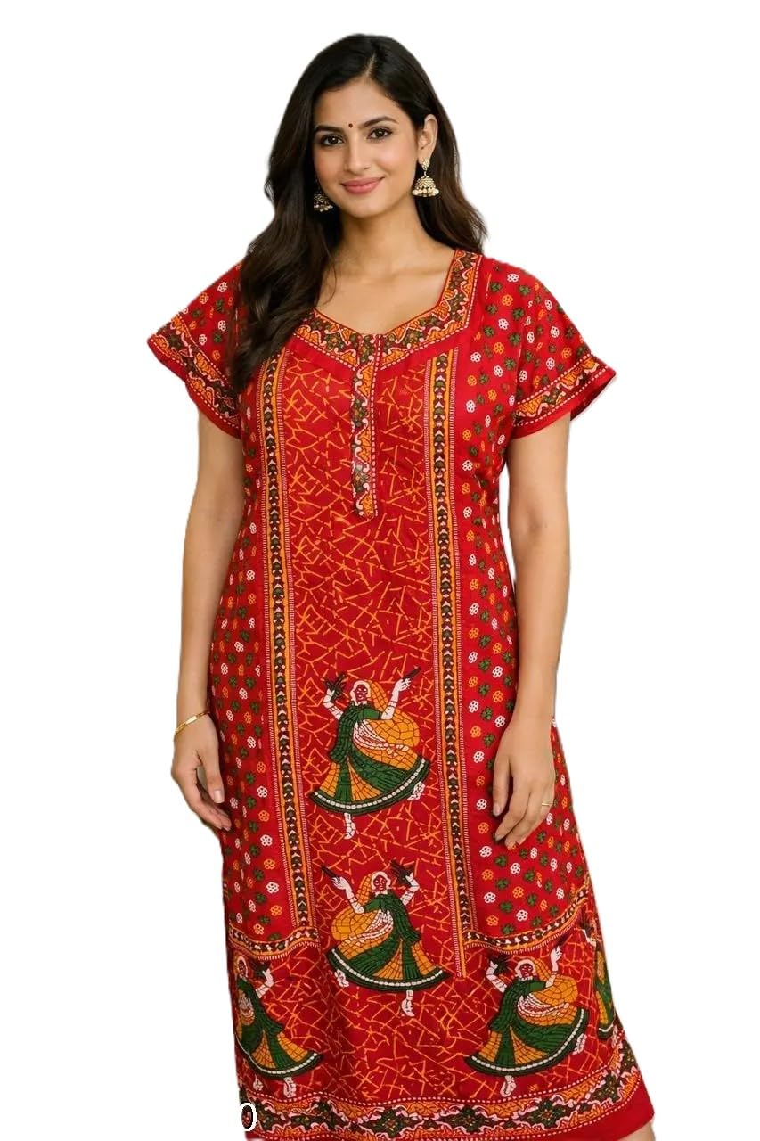 Women's Flower Printed Cotton Nighty Gown Red XXL-image-13