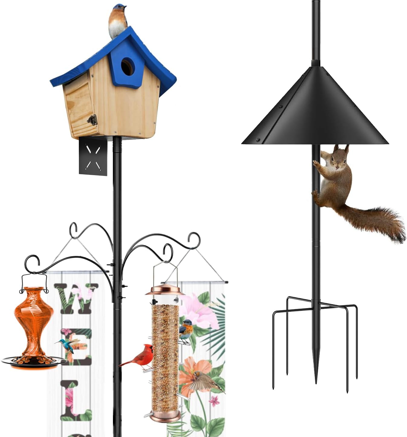 Bird Feeder Pole, 108-Inch Adjustable Squirrel Proof Bird Feeder Pole (Black) with 4 Sheep Hooks. for Outdoor Use (House Not Included)