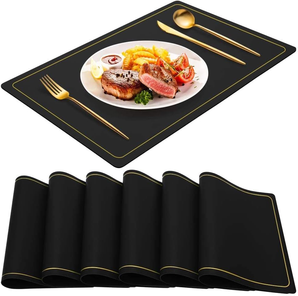 Maharsh Pu Leather Dining Table Mat Waterproof Heat Insulation Placements (Black, 3)