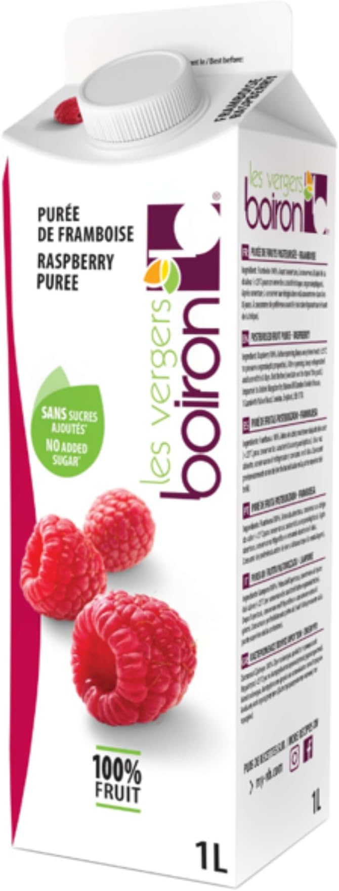 Boiron | Raspberry Fruit Puree | 100% Fruit - No Added Sugar, Flavourings, Colourings or Preservatives | Perfect for Cocktails, Desserts, Baking & Ice Cream | 1 Litre