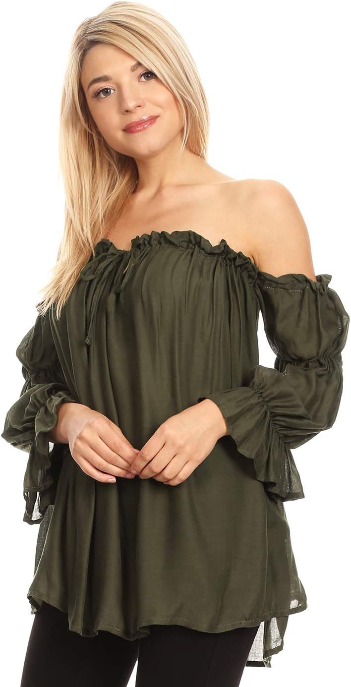 Anna-Kaci Womens Semi Sheer Boho Peasant Long Sleeve Off The Shoulder Top