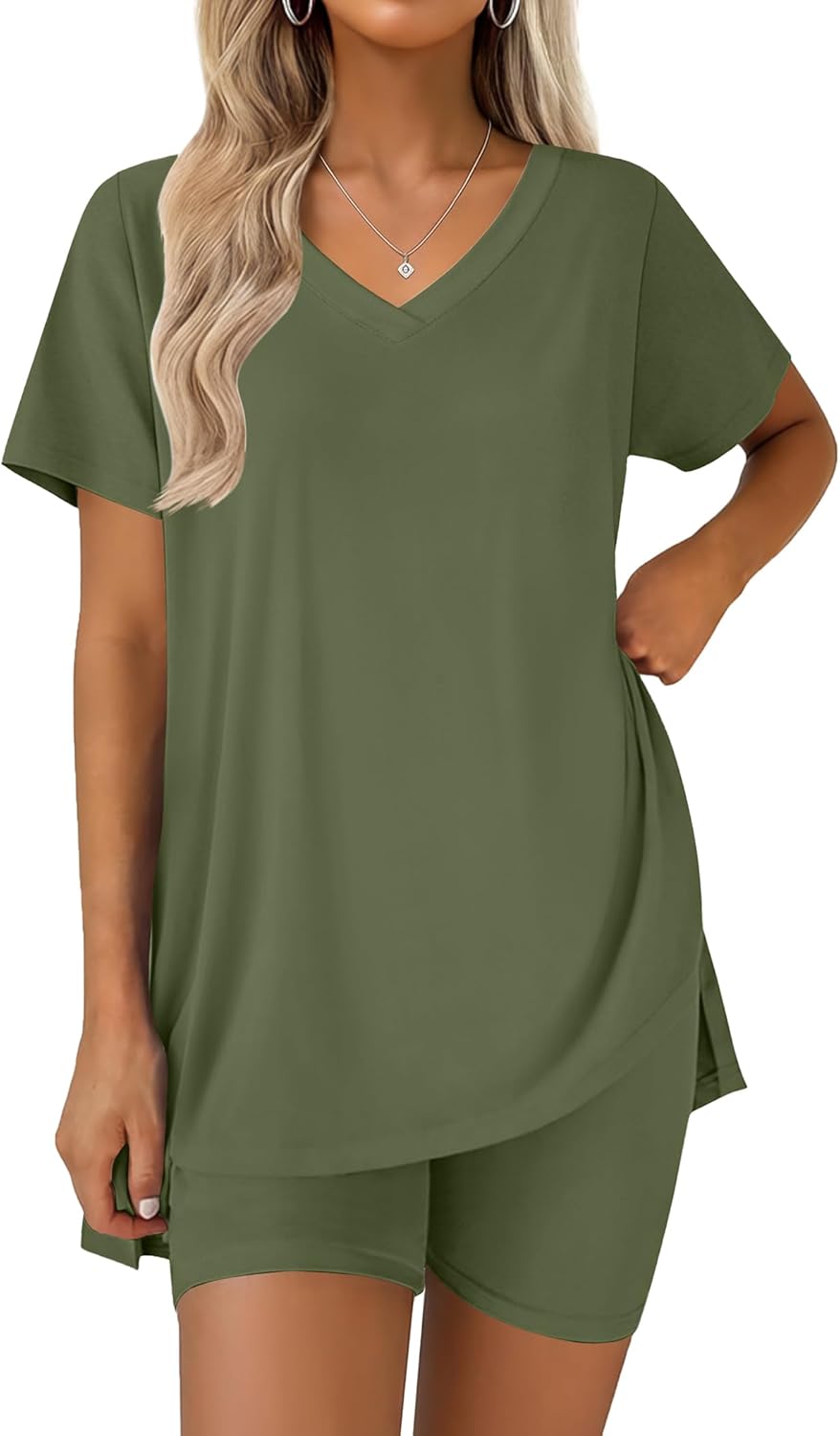 Ekouaer Pajamas for Womens Set 2 Piece Lounge Set Lightweight Summer Pjs Biker Shorts Sets V-Neck Tops Matching Outfits Set