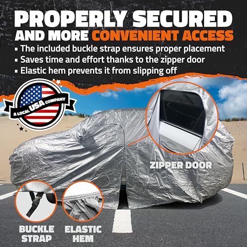 Image of Mockins 190 inchx75 inchx72 inch SUV Car Cover with Zipper Door | 150D Polyester Fabric Car Covers for Automobiles | Indoor & Outdoor SUV Cover w /Strap & Carry Bag | Full Exterior Covers for Basic Weather Defense