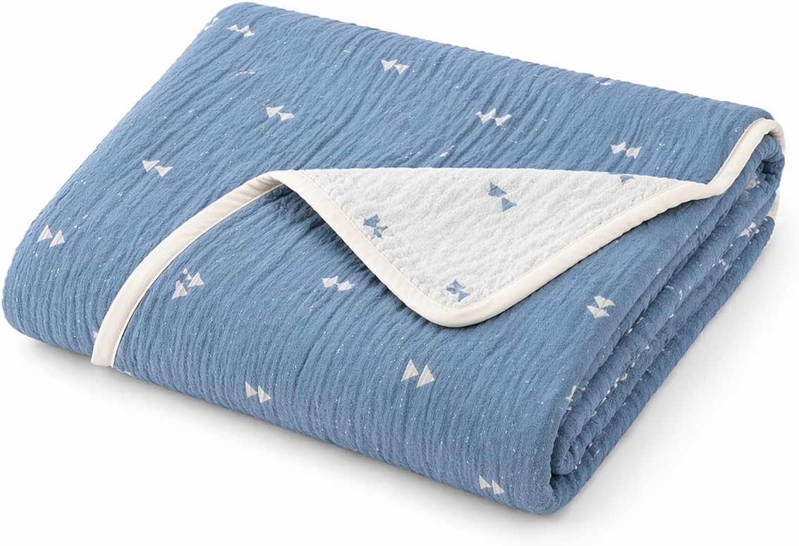 100% Organic Turkish Cotton Baby Blanket – Double Layer Muslin Swaddle & Receiving Blanket – Breathable 42"x34" for Newborn, Infant & Toddler – Machine Washable – Blue