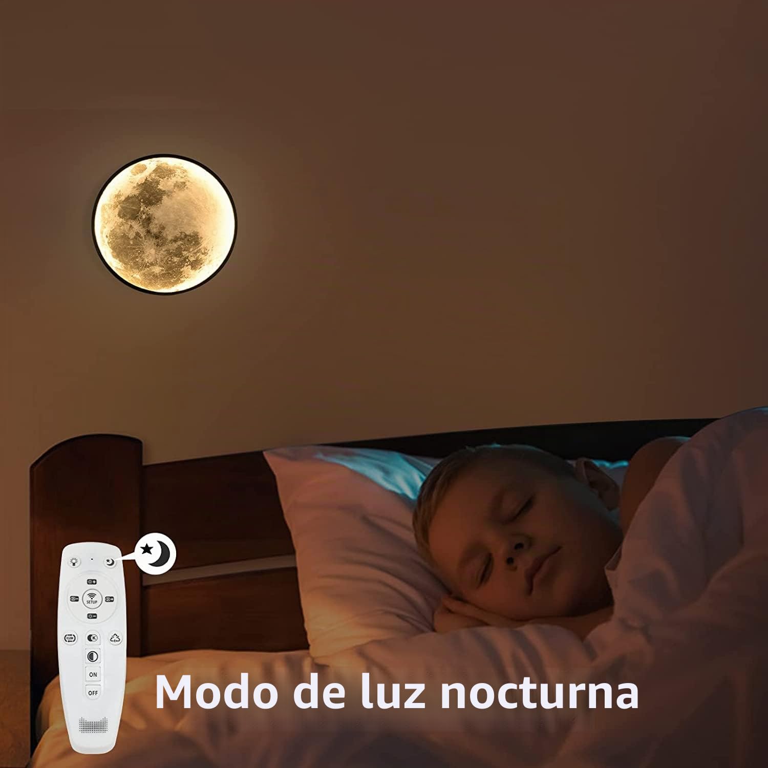 3D Lámpara de Luna Dimerizable Aplique de Pared Con mando a distancia e interruptor de cable de alimentación, Redonda Lámpara de Pared LED 12W, Modo de luz nocturna, Lámpara de Cabecera con enchufe