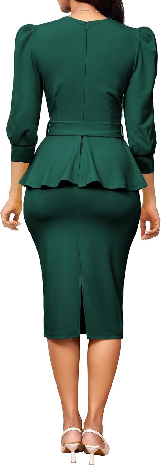 Yiershu Church Dresses for Women 2025 Sexy V-Neck 3/4 Sleeve Peplum Business Dress for Women - Image 2