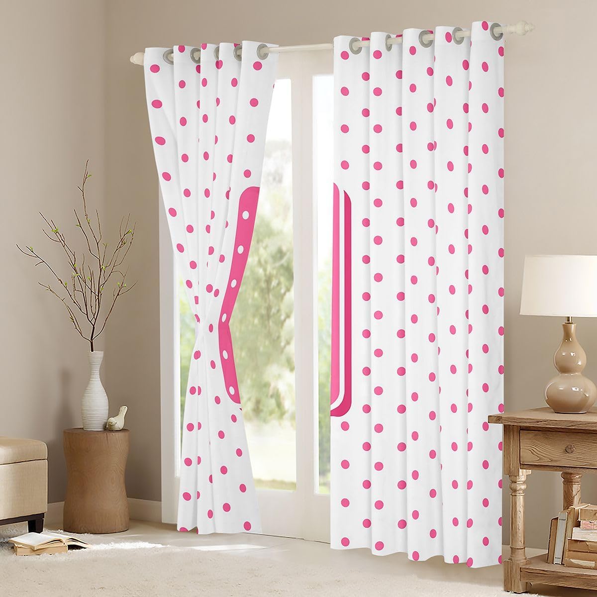 Feelyou Polka dots Curtains for Bedroom Living Room Personalized Initial I Blackout Shades Pink White Room Darkening Curtain Window Treatments, 2 Panels 42 x 90 Inch Decor image 3