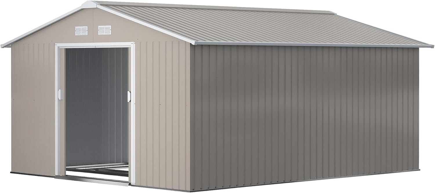 Light Gray Steel Storage Shed 133.75x152x78.75in, Rust-Proof Galvanized Construction, Double Sliding Doors, 4 Vent Openings