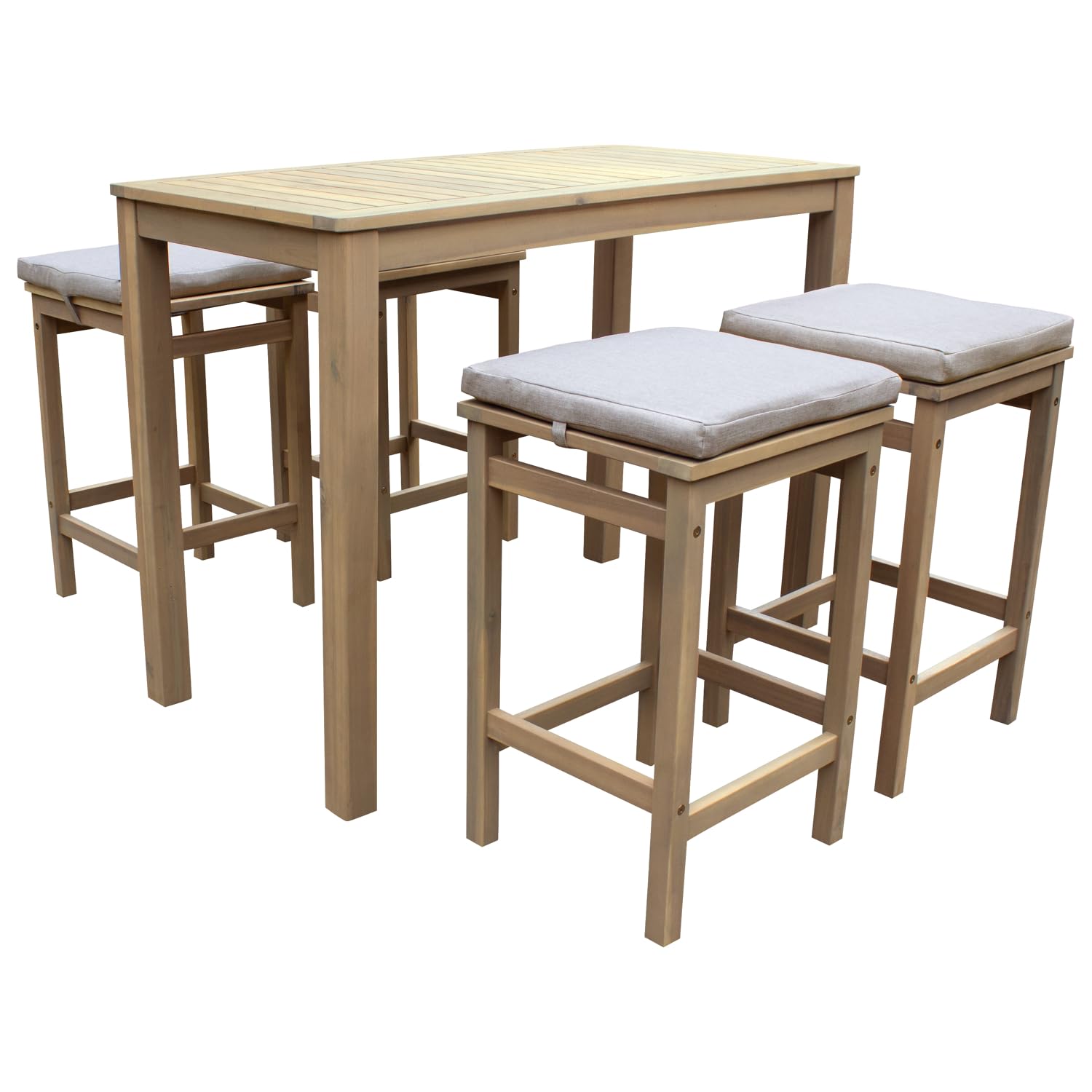 Happy Garden Mange Debout Aruba en Acacia avec Coussins Sable. Table Haute et tabourets d'extérieur pour 4 Personnes.