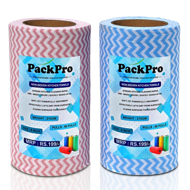 Image of Non-Woven Kitchen Towel Roll | Blue & Red | 160 Pulls | 80 Pulls x 2 Rolls | Washable, Eco-Friendly, Disposable Cleaning Towels for Home, Office, and Kitchen Use | Soft & Highly Absorbent