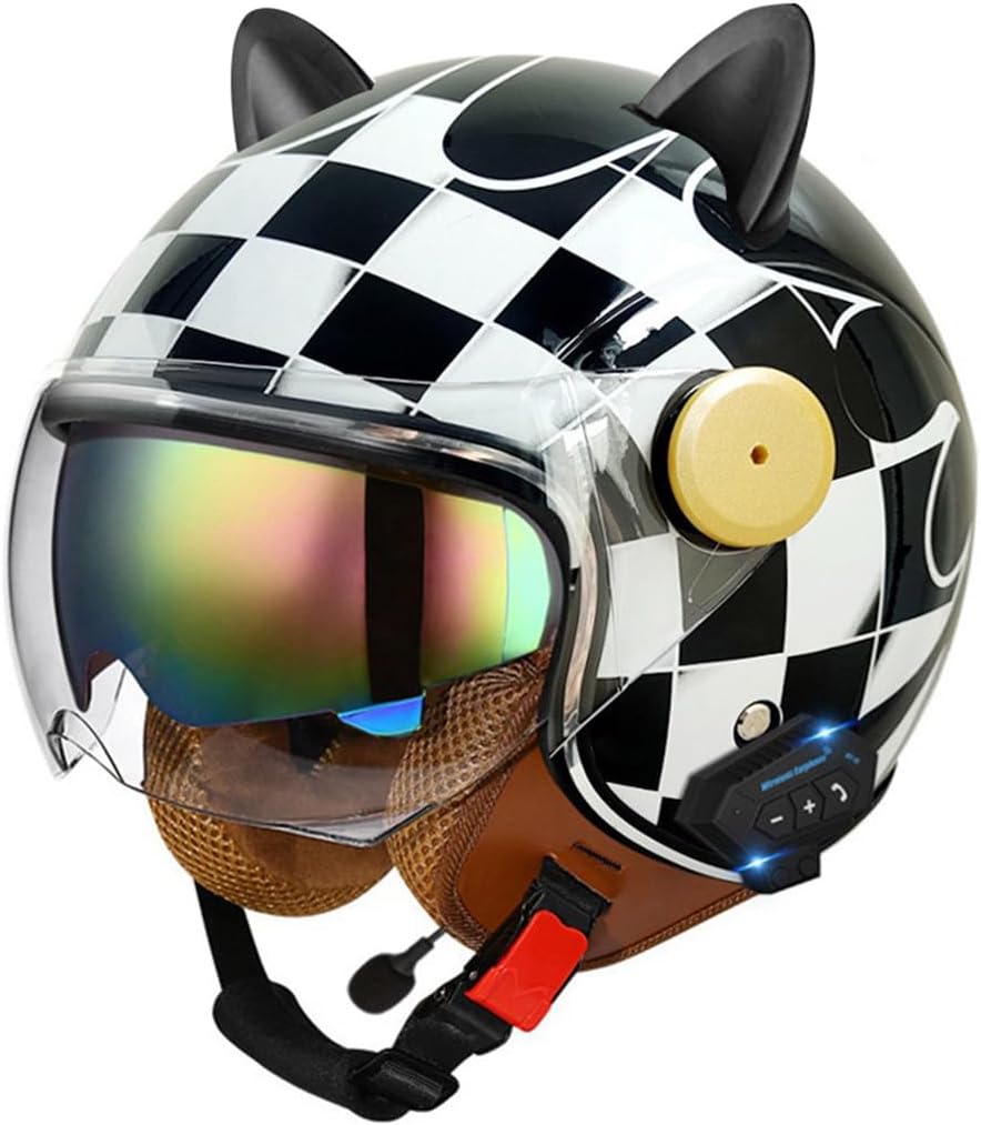 Vintage Open Face Cat's Ear Helmets 3/4 Motorcycle Bluetooth Helmets Retro Dual Visor Scooter Half Helmet for Men Women FMVSS218 DOT Approved Cruiser Chopper Moped Motorbike Helmet
