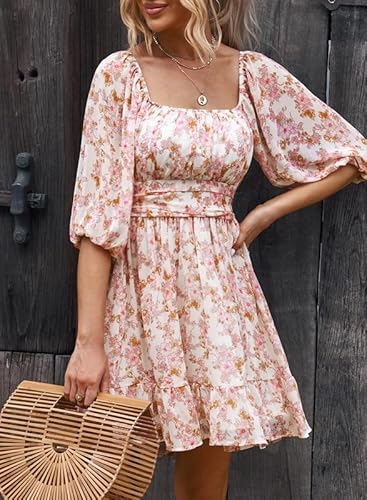 Dokotoo Tie Backless Square Neck Sexy Dresses For Women 2023 Puff Sleeve Ruffled Elastic Waist Off The Shoulder Dress Aline Mini Dresses Casual Dresses For Wedding Guest Medium #TOP4