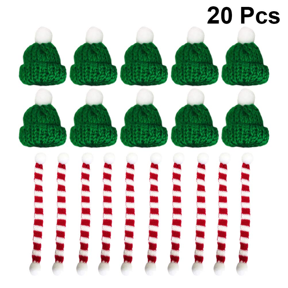 Holibanna 20 Pcs Christmas Mini Santa Hats for Crafts Mini Knit Hat and Scarf Christmas Doll Knit Decoration Miniature Wine Bottle Decoration for Xmas Tree Ornaments DIY Crafts