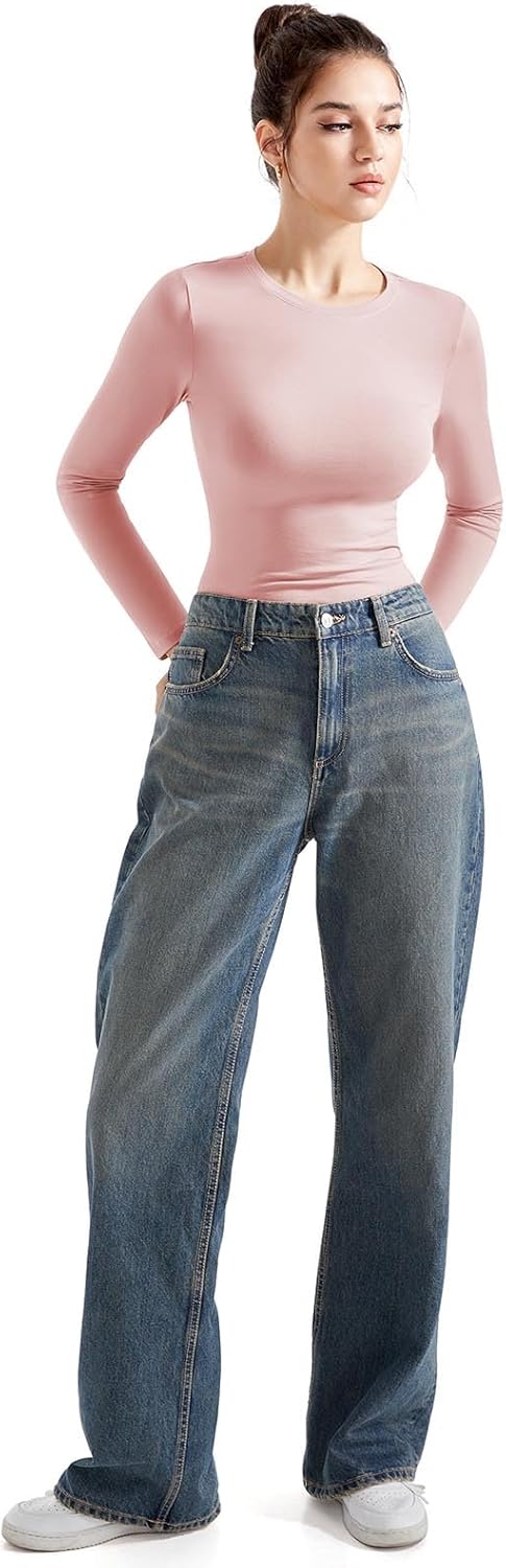 SUUKSESS Women Crew Neck Fitted T Shirts Cotton Jersey Basic Long Sleeve Crop Tops (Pink, XL) - Image 6