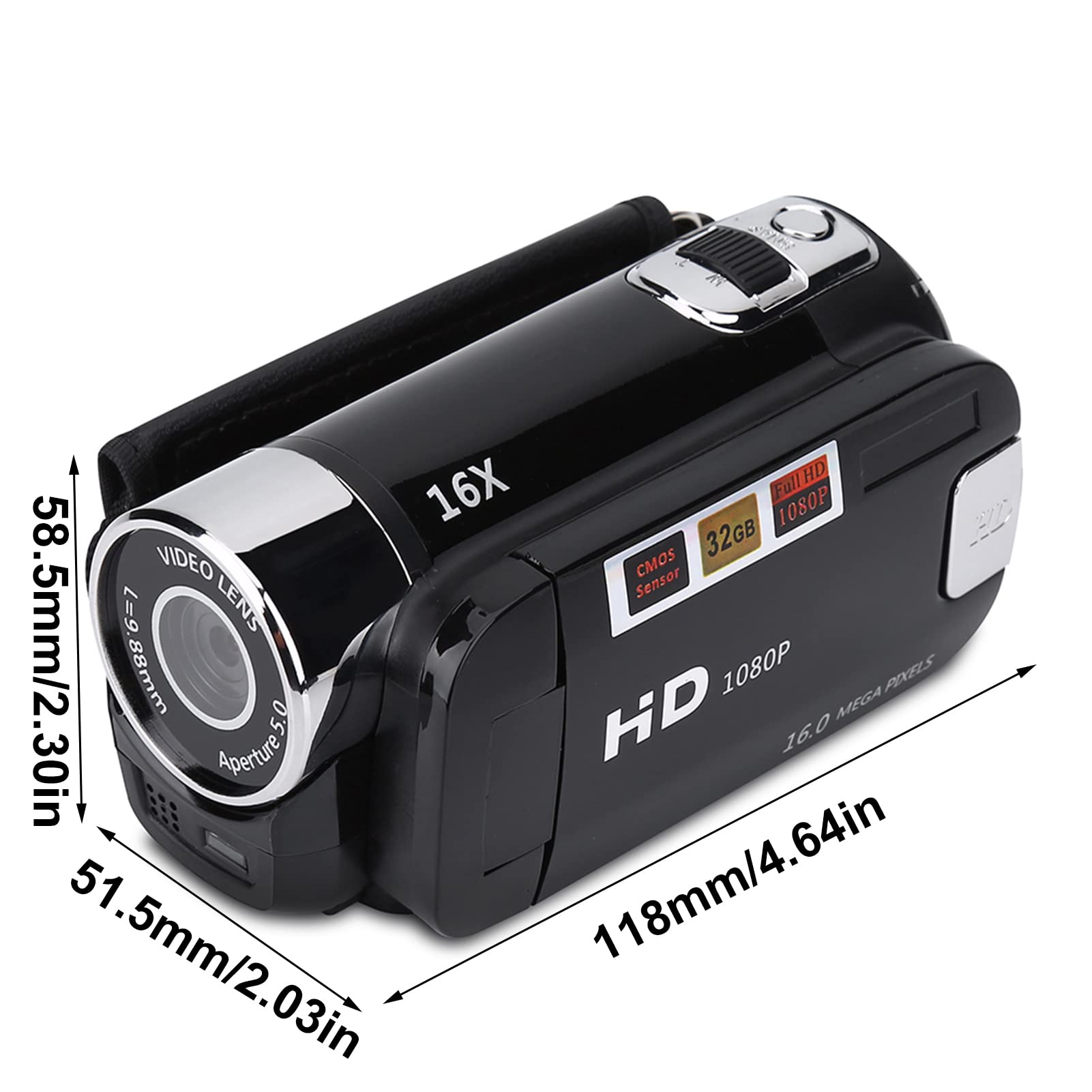 Akozon Videocámara de Mano Cámara Vlogging FHD 16X Zoom Digital, Rotación Full HD 16X Videocámara de Alta Definición Cámara Tragbar DV (Black)