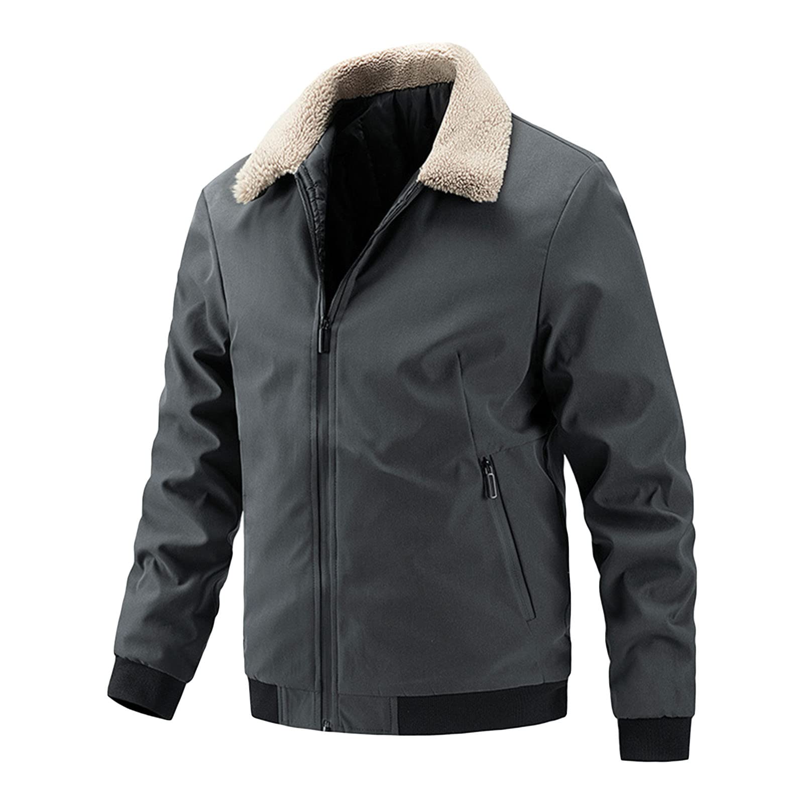 Maiyifu-GJ Men's Faux Fur Collar Bomber Jacket Winter Warm Zipper Lapel Vintage Coat Lightweight Thermal Trucker Coats (Grey,X-Large)