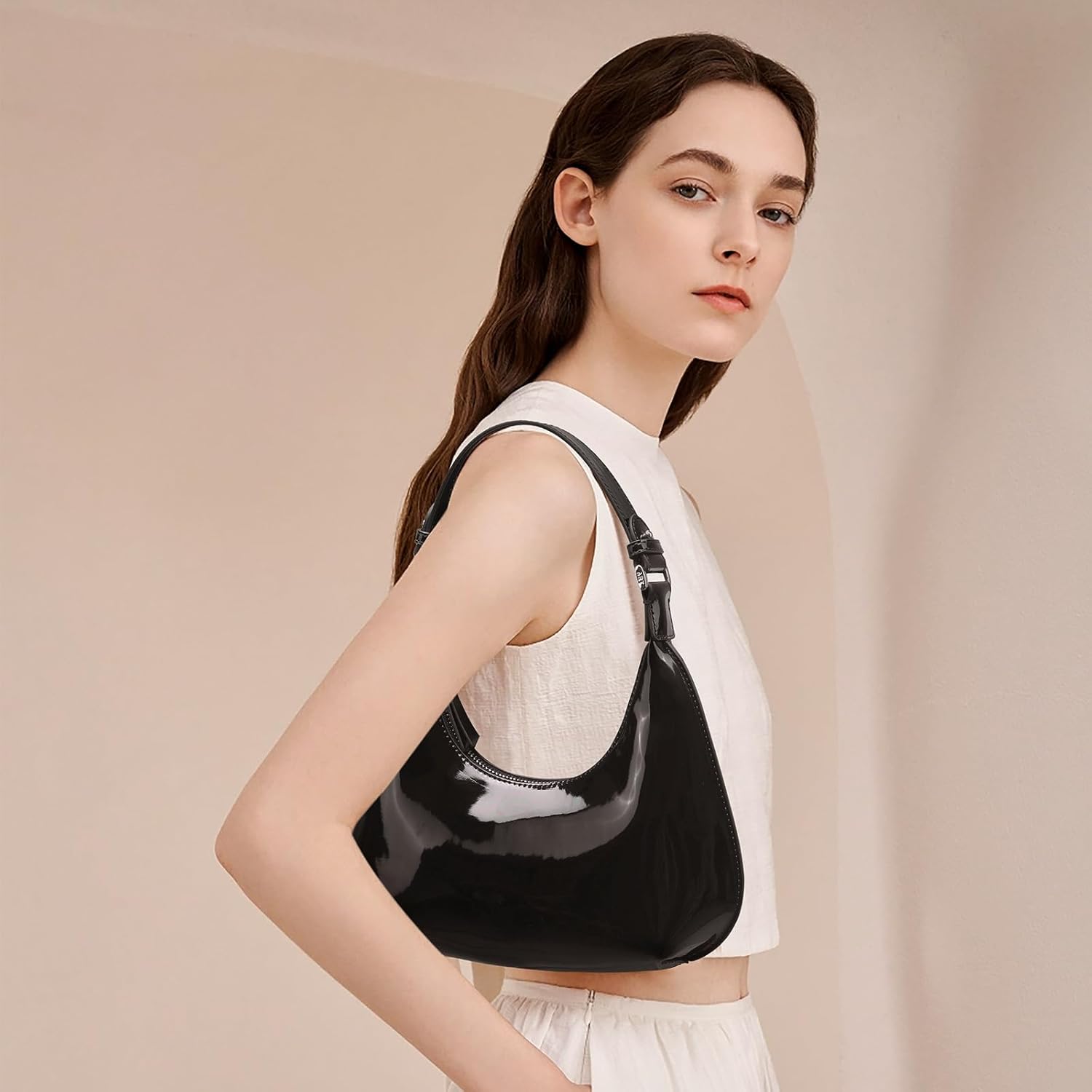 Cute Shoulder Bags for Women, Small Going Out Purse Patent Leather Crescent Bag Women's Shoulder Handbags with Zipper Closure - Image 2