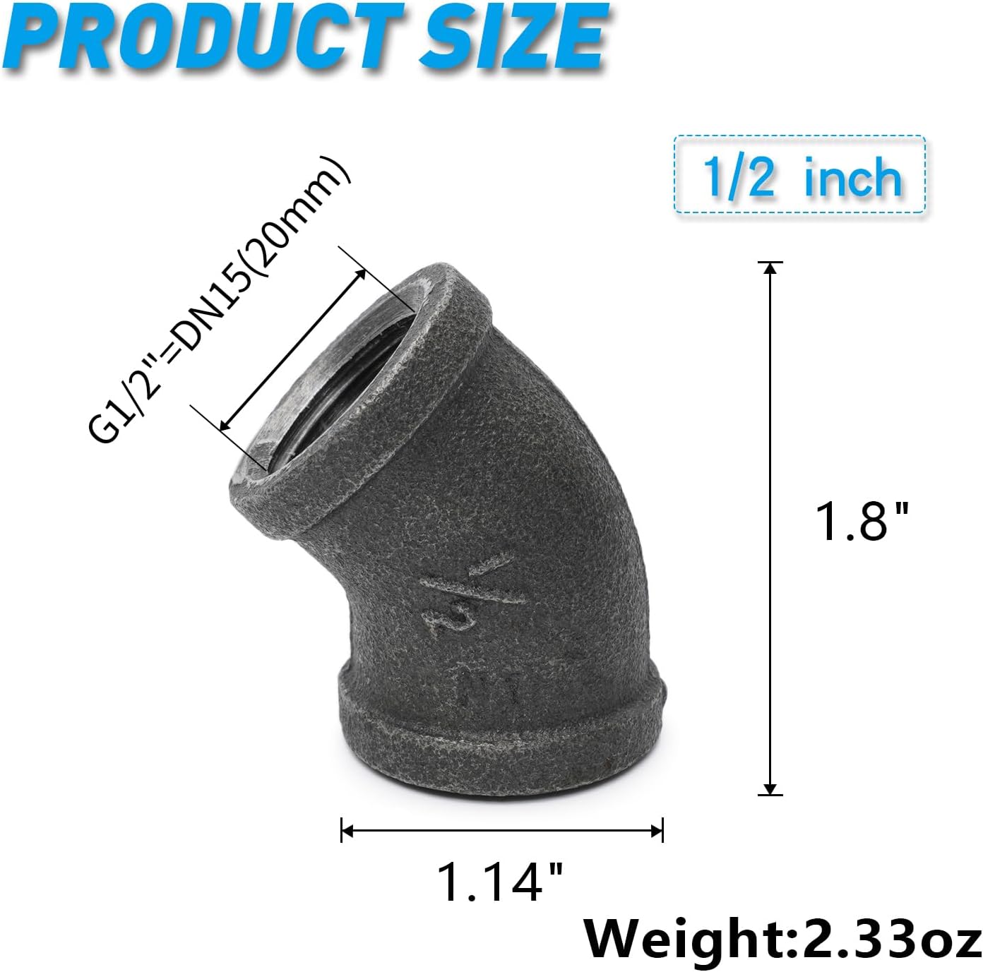 1/2" 45-Degree-Elbow, Home TZH Internal Threaded Cast Malleable Iron Elbow for Steampunk Vintage Shelf Bracket DIY Plumbing Pipe Decor Furniture (10, 1/2")