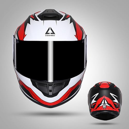 Miniatura 2 de TRIANGLE Casco de motocicleta de cara completa, casco de bicicleta de calle para hombres con visera extra transparente, aprobado por DOT (M, rojo