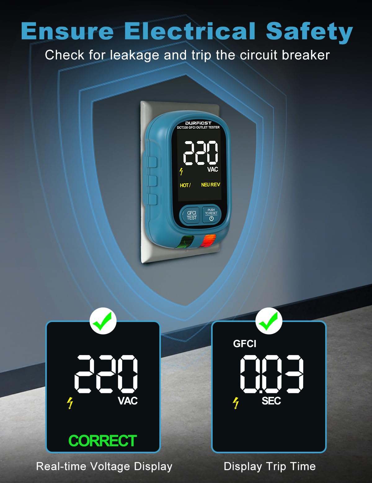 DURFICST Cerca Interruttori Automatici Tester per Prese GFCI/RCD | Rilevatore di Cavi NCV 198-264V con Doppio Display LCD Allarme Acustico per Casa/Officina