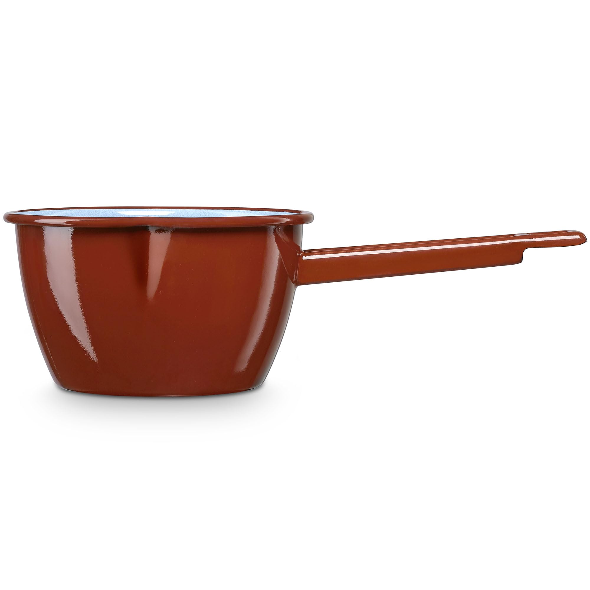 briebe Cazo Cocina con Pico Hervir Leche Acero Esmaltado 18 cm, Hervidor Vitrificado 2,15 L con Mango, Apto Inducción, Vitrocerámica, Fuego, Gas, Horno, Terra Vintage Marrón Teja