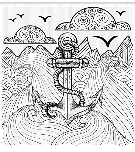 ABAKUHAUS Anchor Shower Curtain, Zentangle Style Ocean and Clouds Hand Drawn Arrangement Marine Theme - Image 2