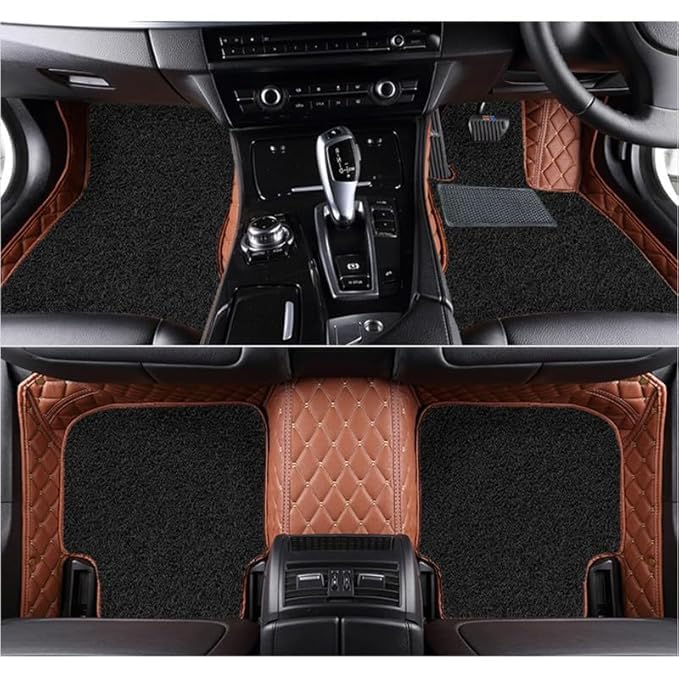 Image of Superior 7D Car Floor Mat Full Set for Mahindra Alturas G4, 7 Layer Protection Mats, Leather with Curly Car Foot Mat with Heal Pad, Anti-Skid & Waterproof Tan Beige with Black Curly