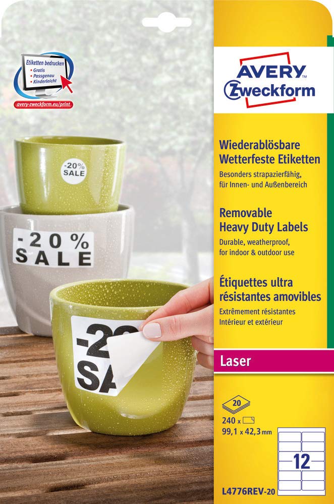Avery Etiquettes Polyester Ultra-Résistantes - 240 Étiquettes Blanches Amovibles 99,1 x 42,3 mm - Compatible Laser - Étiquettes Avery Ultra Résistante - L4776REV-20