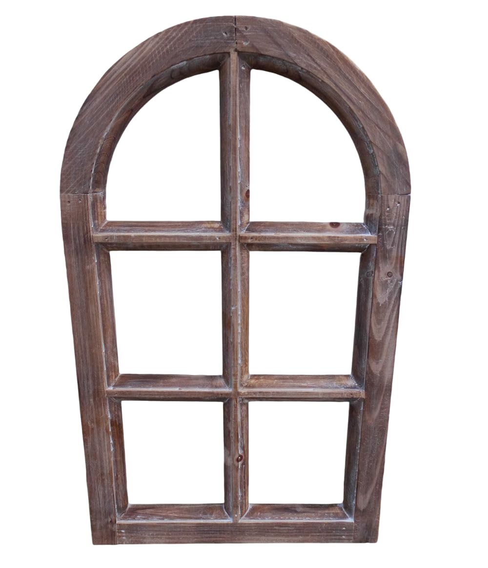 Kleineres Dekofenster Sprossenfenster Dekorahmen halbrund Holz braun 49 cm