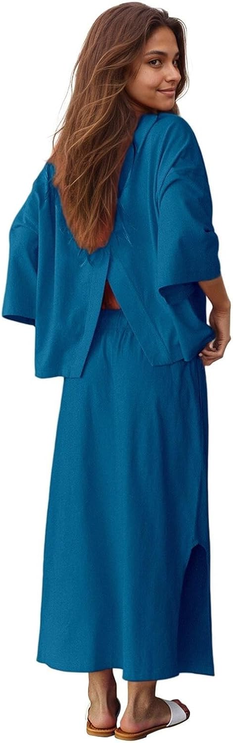 Halfword 2 Piece Sets for Women Oversized Shirt and Maxi Skirt Set Vacation Clothes Casual Lounge Set with Pockets - Image 4