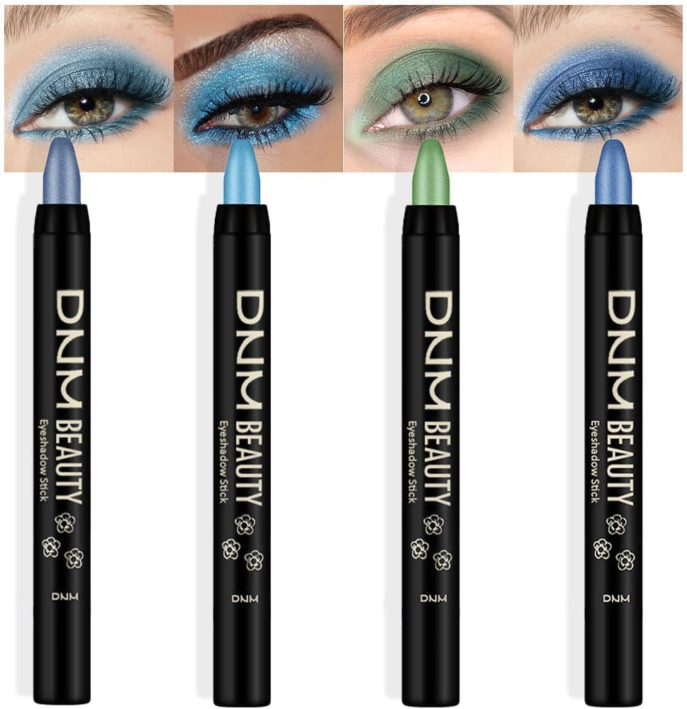 evpct 4Pcs Cream Blue Eyeshadow Stick Pencil Set for Eyes Waterproof Sky Blue Dazzling Blue Greenish Cyan Royal Blue Shimmer Metallic Holographic Eyeshadow Crayon Stick Bulk