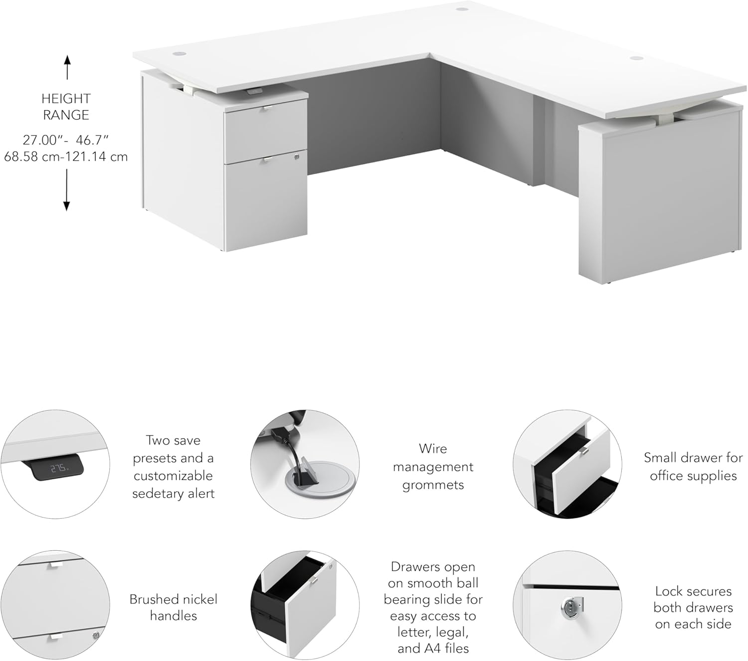 Bush Business Furniture 72-inch Height Adjustable L Shaped Standing Desk with File Cabinet, Ergonomic Sit-Stand Computer Table for Office, Stratus Collection, White with White Base