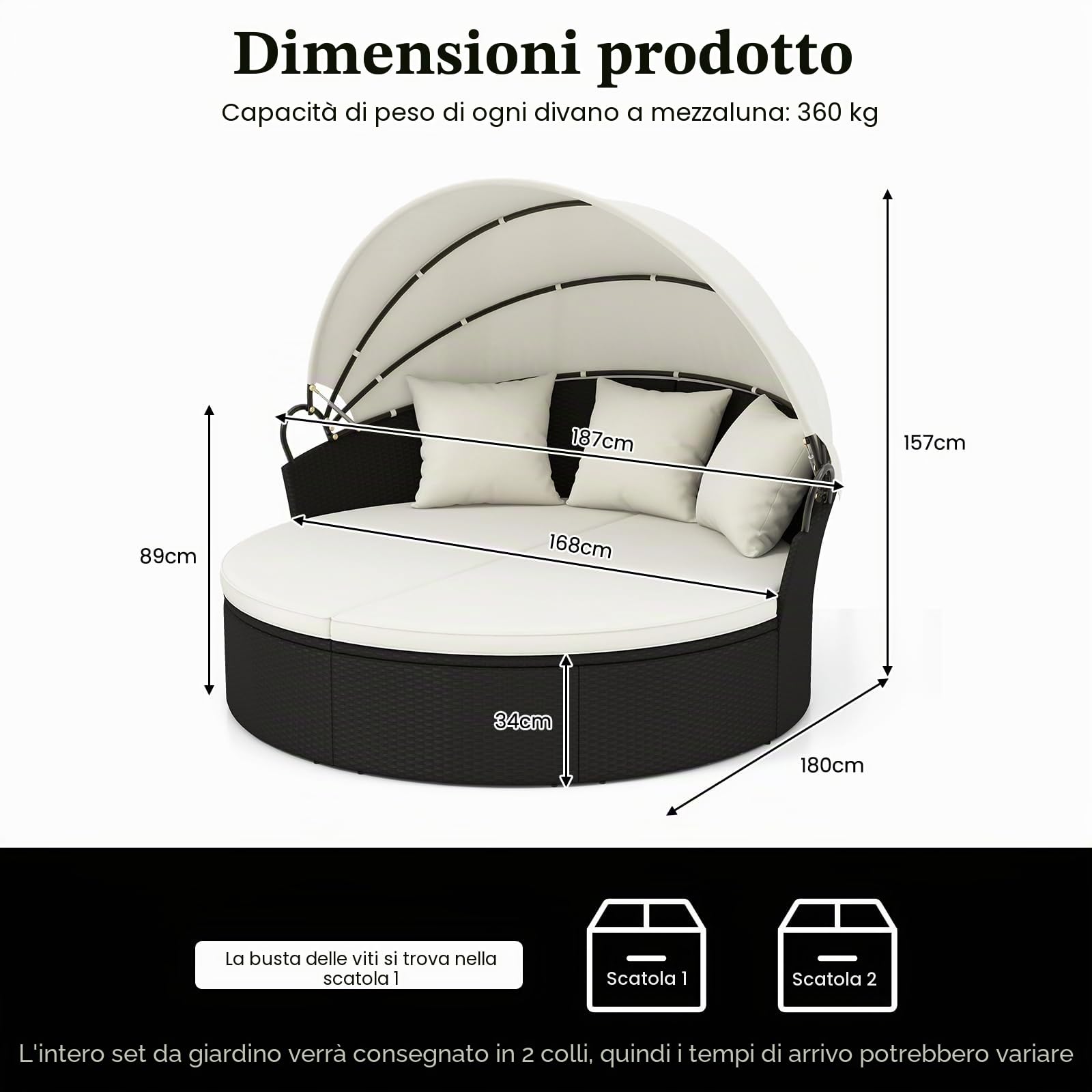 GIANTEX Isola prendisole con lettino e cuscini, tettuccio pieghevole, rattan lounge da giardino, sdraio da giardino, set rotondo φ187 cm per 2-3 persone, mobili da giardino per terrazzo (Bianco)