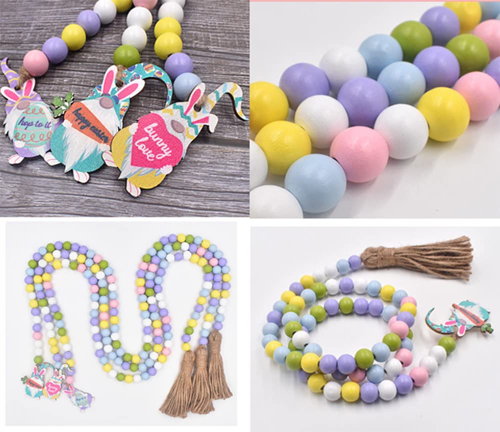 3 Stück 1.2m Bunte Holzperlen Girlande mit Quasten Hase Osterdeko Wandbehang Perlengirlanden Haus Dekoration Wall Decoration Raumdekoration Wanddekoration,16mm Gelb+Blau+Lila