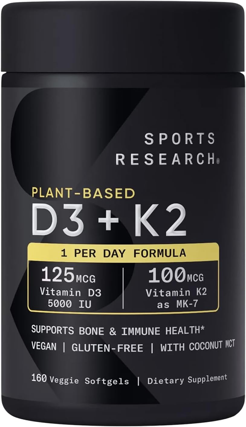Generic Sports-Research D3 + K2, 160 Veggie Softgels - 125 mcg Vitamin D3 (5000 IU) and 100 mcg Vitamin K2 (MK-7) - 2-in-1 Support for Bone and Immune Health - Vegan, Non-GMO, Plant-Based