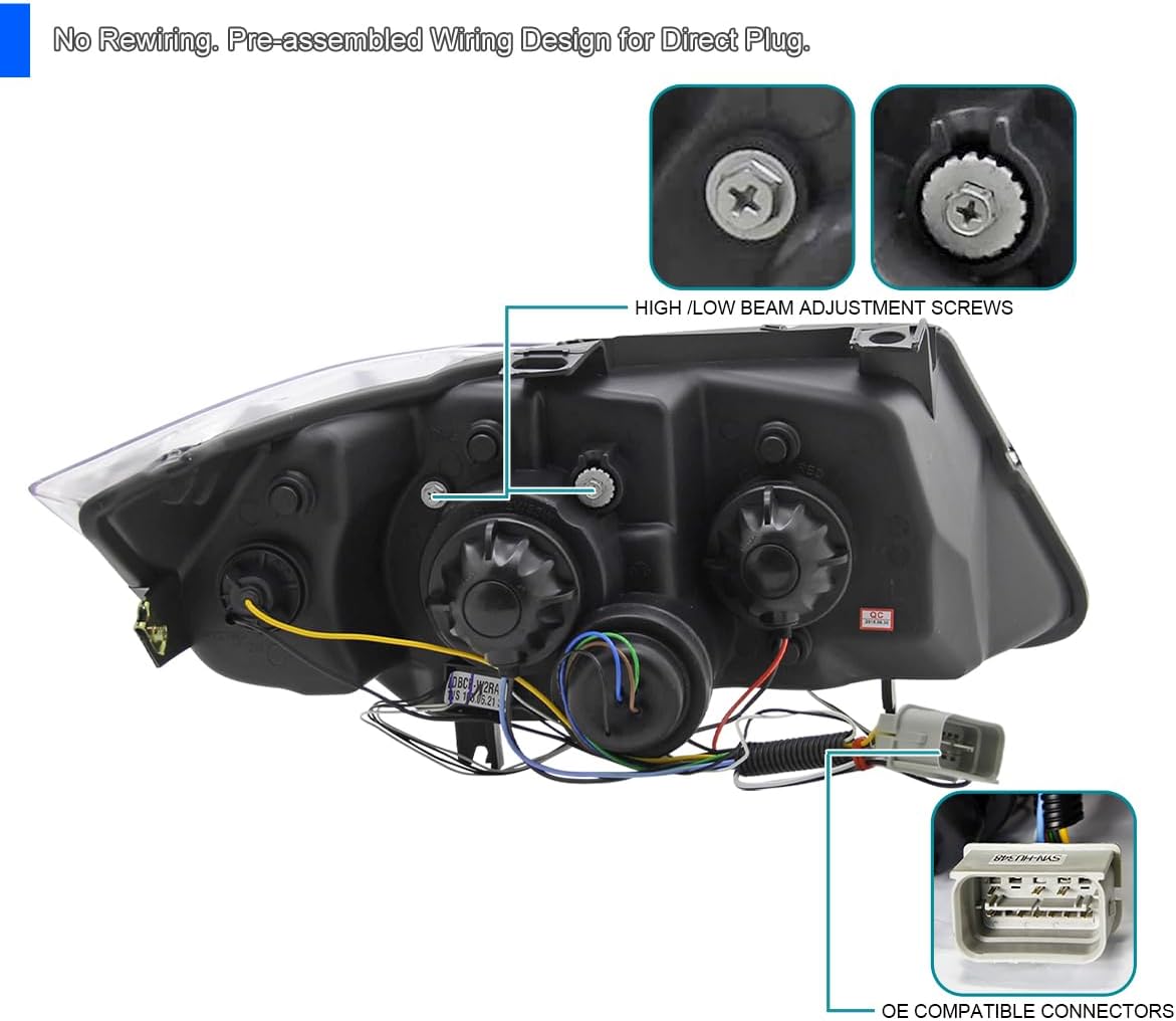 SPEC-D TUNING Black Smoke Projector Headlights + Top LED Strip Compatible with 2006-2008 BMW E90 3-Series 4 Door Sedan, Left + Right Pair Headlamps Assembly