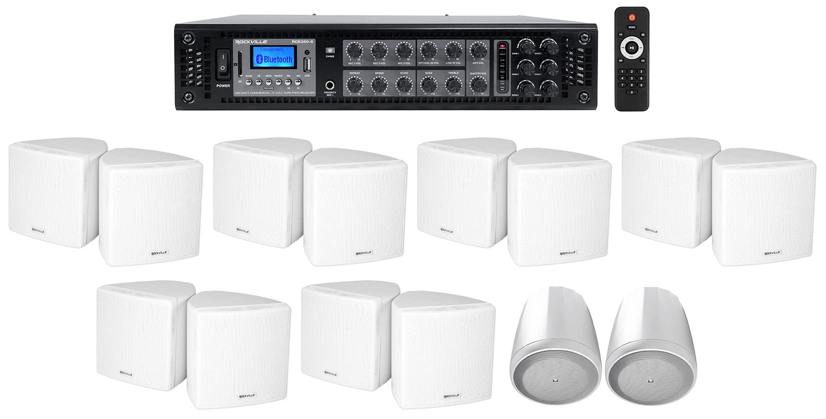 Rockville Bundle: (1) RCS350-6 350 Watt 6 Zone 70v Commercial Amplifier Bundle with (12) Cube 3.5