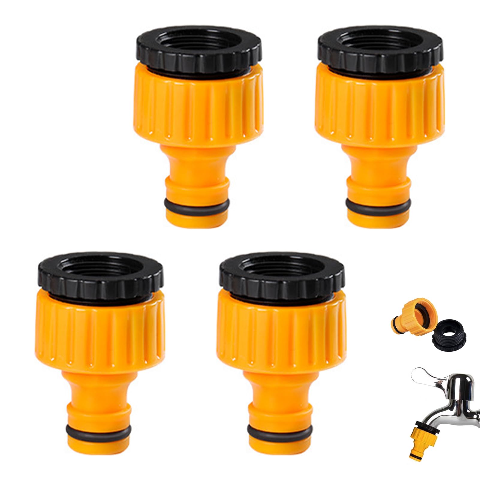 4 Pcs Garden Hose Tap Connector, BSP Threaded Faucet Adapter Plastic, 3/4 Inch & 1/2 Inch for Outdoor Use, Male Threaded Hose Connector, Quick Connect System for Garden Hoses, with O-Rings & Washers