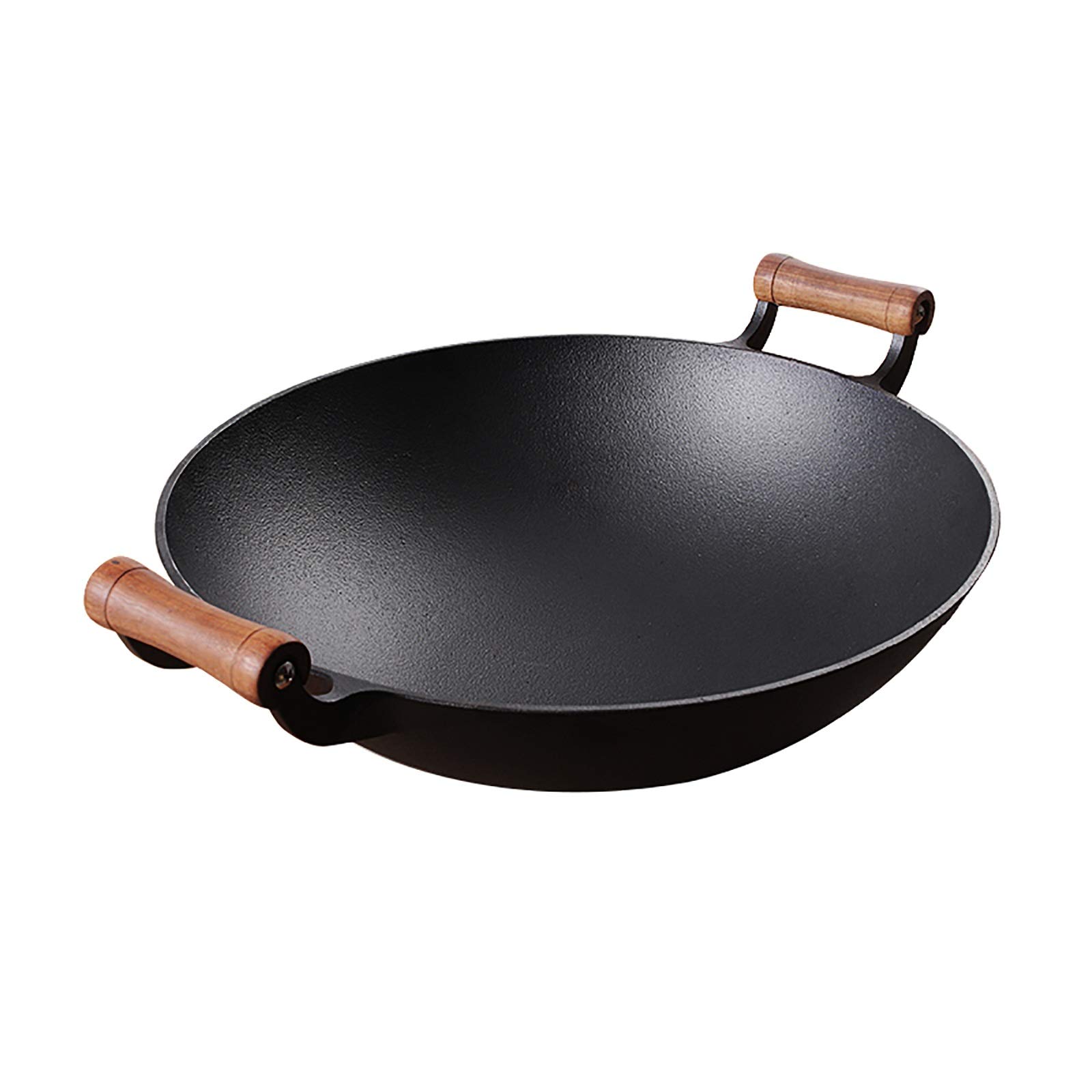 Duży 40 cm żeliwny wok z drewnianym uchwytem, wielofunkcyjna patelnia do gotowania do mieszania i smażenia na głębokim tłuszczu, czarna