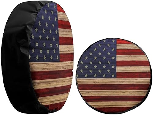 Miniatura 4 de Foruidea Cubierta de neumático de repuesto de madera recuperada con bandera estadounidense, impermeable, a prueba de polvo, apta para Jeep,