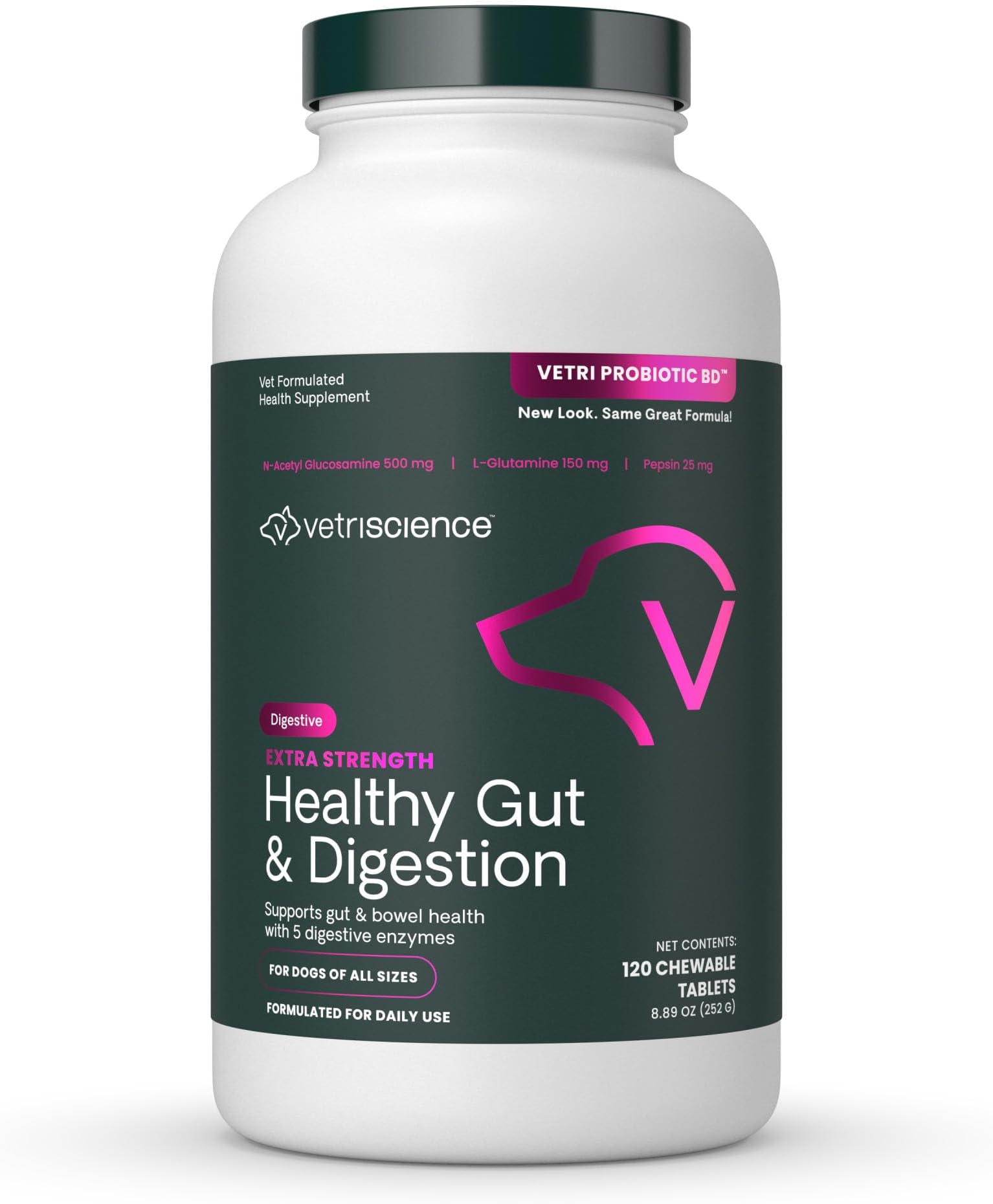 VetriScience Extra Strength Healthy Gut & Digestion Chewable Tablets, Probiotic BD Digestive Enzyme Supplement for Dogs, Soothe Gut and Bowel Discomfort, Chicken, 120 Count