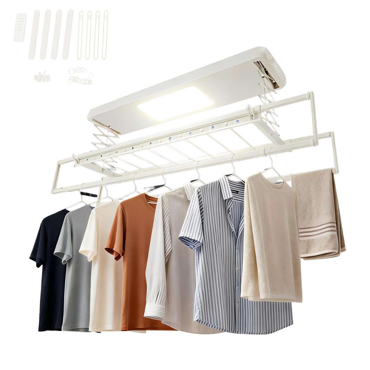 Stendibiancheria da soffitto allungabile con telecomando, asta appendiabiti regolabile 130-215 cm, illuminazione a LED, salvaspazio, per bagni, balconi, interni ed esterni