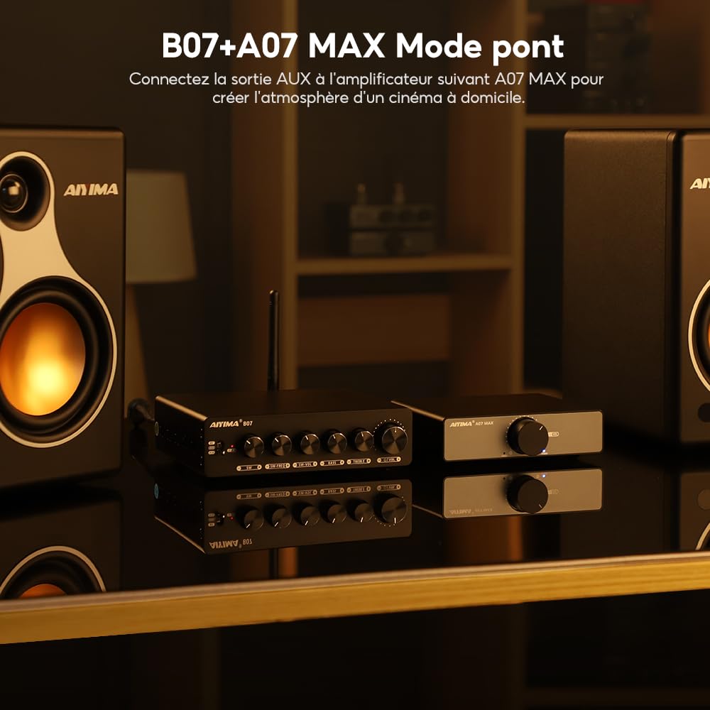 AIYIMA B07 amplificateur Bluetooth 5.2 TPA3255 2.1 canaux Caisson de Basses 300Wx2 + 300W pour Haut-parleurs de bibliothèque de Bureau à Domicile caissons de Basses avec Alimentation auxiliaire