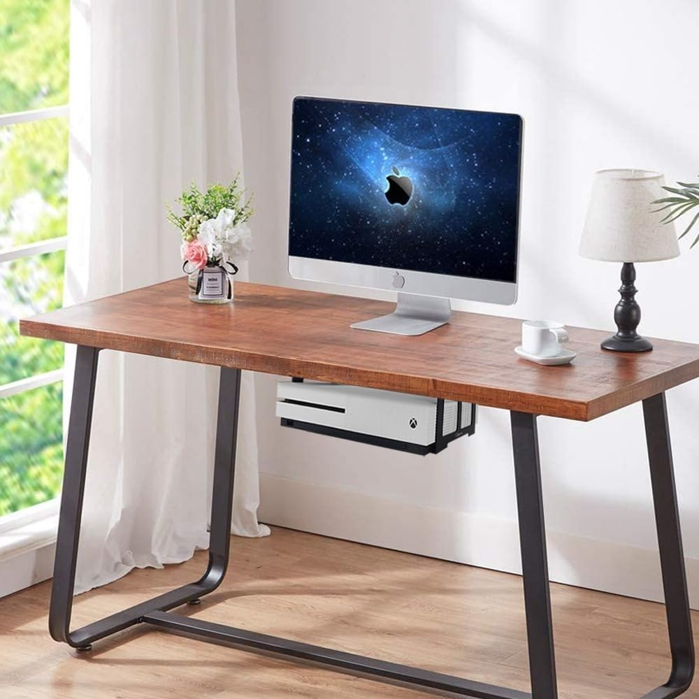 Soporte universal de aluminio para debajo del escritorio sin taladrar para Xbox Series S, Xbox One S/X, Xbox 360, PS4 Slim/Pro, mini PC de escritorio con adhesivo (negro)